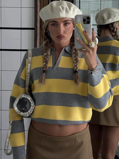 Damen Eleganter Streifenpullover – Lockerer Polo-Kragen Gestrickter Pullover