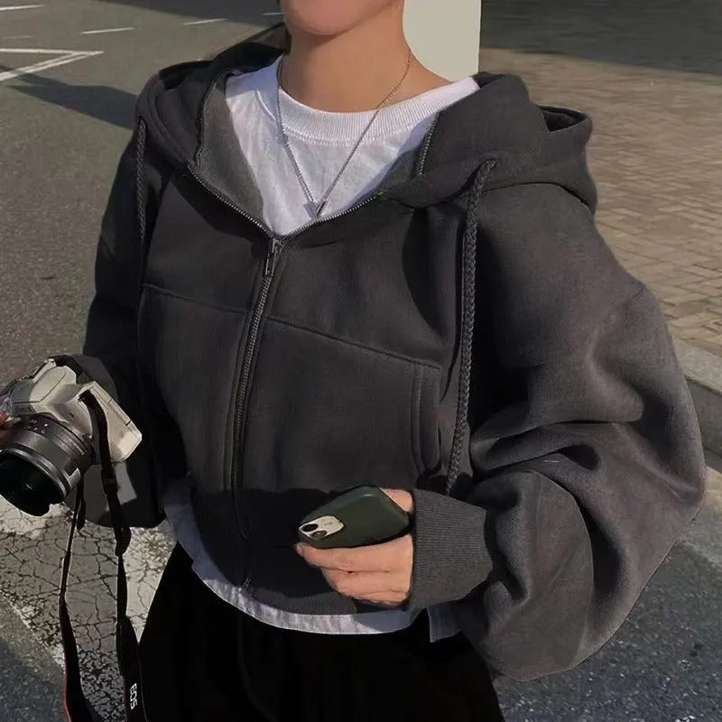 Damen Fleecegefütterte Kurzhoodie – Figurbetont Warmer Zip-Up Sweatshirt