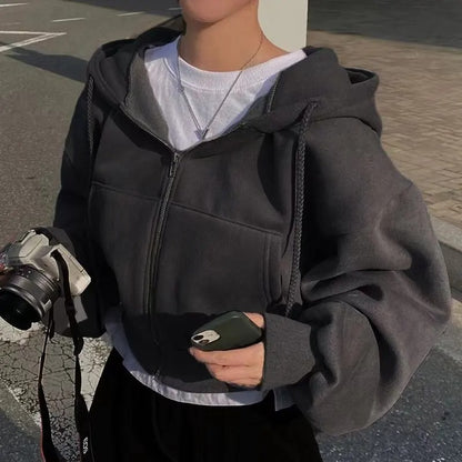 Damen Fleecegefütterte Kurzhoodie – Figurbetont Warmer Zip-Up Sweatshirt