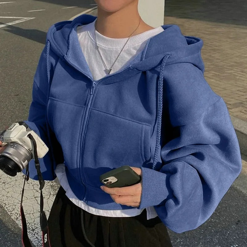 Damen Fleecegefütterte Kurzhoodie – Figurbetont Warmer Zip-Up Sweatshirt