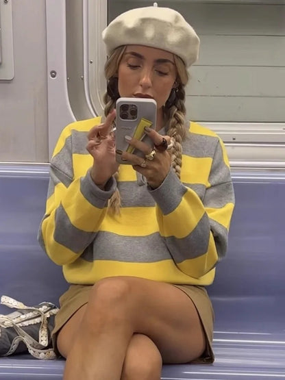 Damen Eleganter Streifenpullover – Lockerer Polo-Kragen Gestrickter Pullover