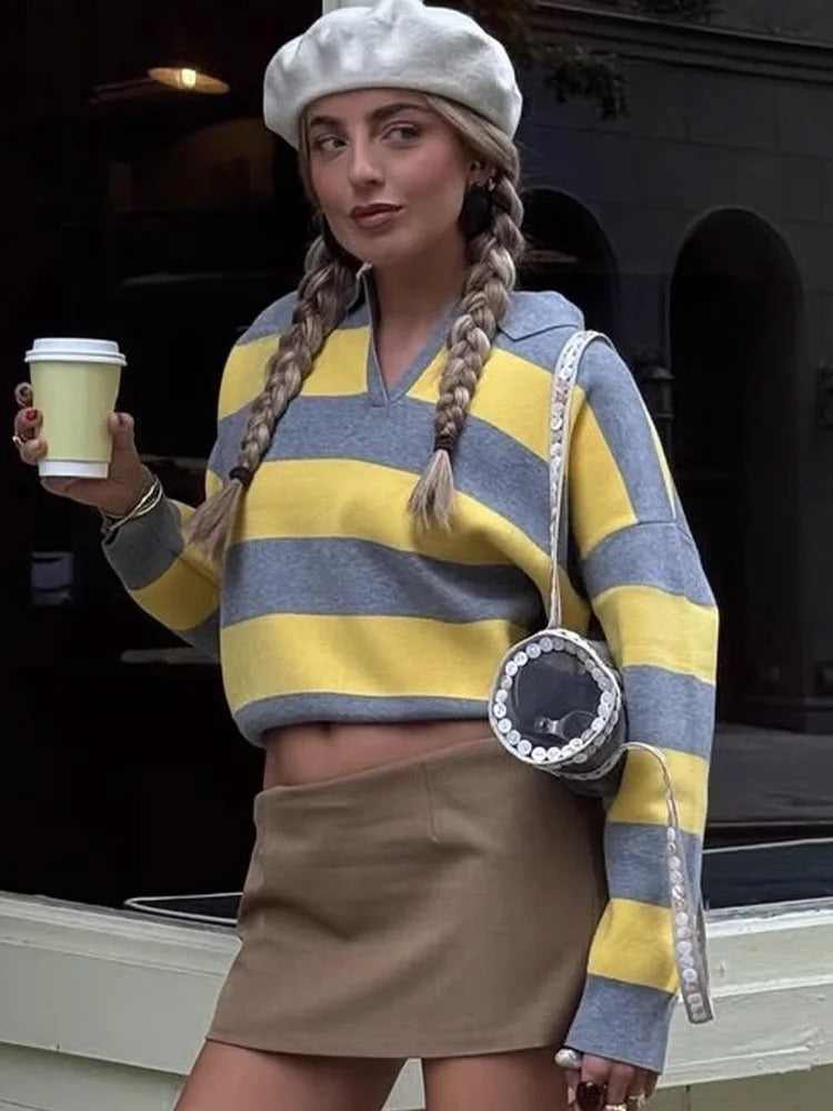 Damen Eleganter Streifenpullover – Lockerer Polo-Kragen Gestrickter Pullover