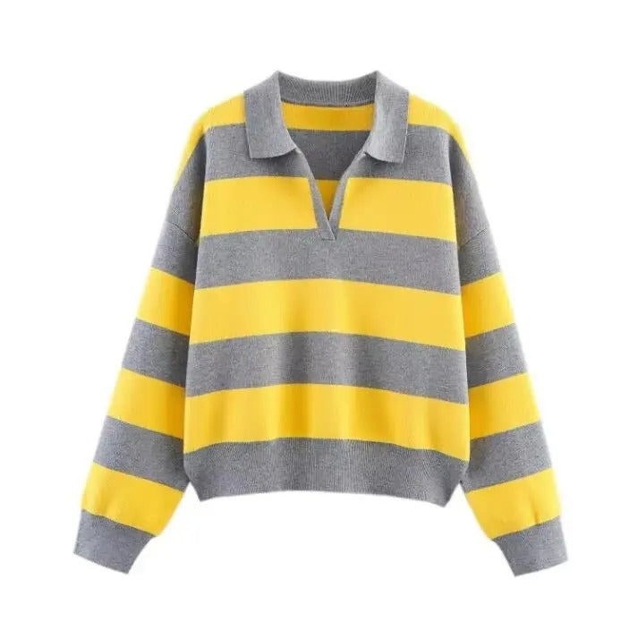 Damen Eleganter Streifenpullover – Lockerer Polo-Kragen Gestrickter Pullover