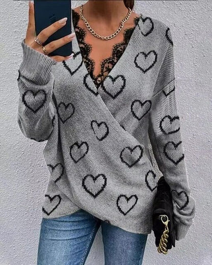 Heart Pattern Lace V-Neck Pullover Long Sleeve Sweater