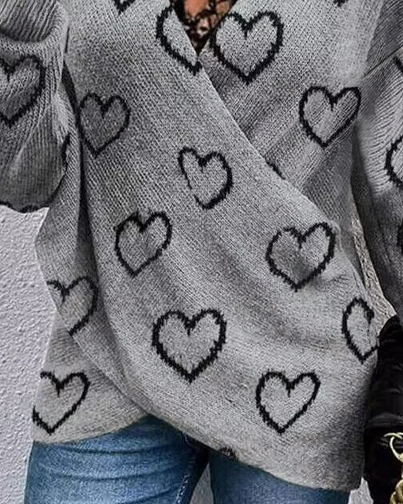 Heart Pattern Lace V-Neck Pullover Long Sleeve Sweater