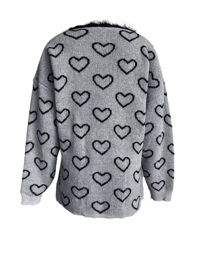 Heart Pattern Lace V-Neck Pullover Long Sleeve Sweater