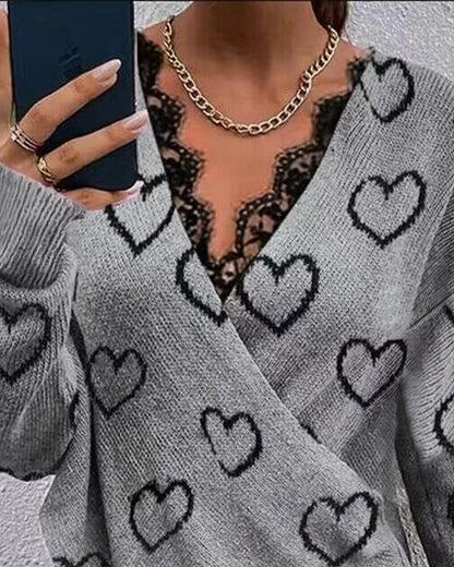 Heart Pattern Lace V-Neck Pullover Long Sleeve Sweater