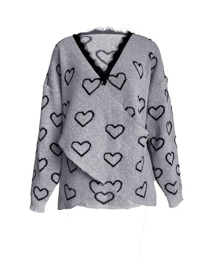 Heart Pattern Lace V-Neck Pullover Long Sleeve Sweater