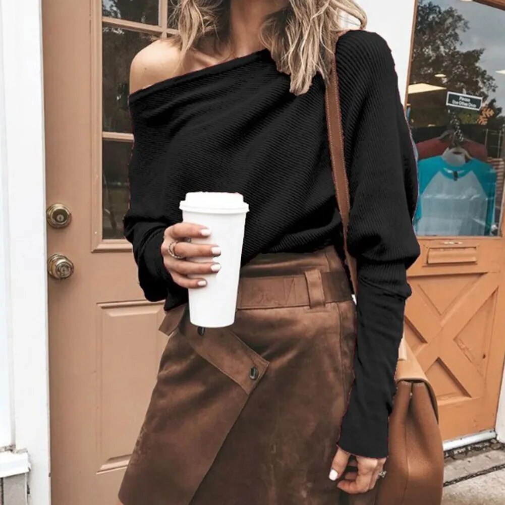 Off Shoulder Sweater Long Batwing Sleeve Sweater