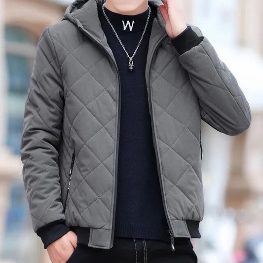 Men's quilted jacket with hood and diamond pattern