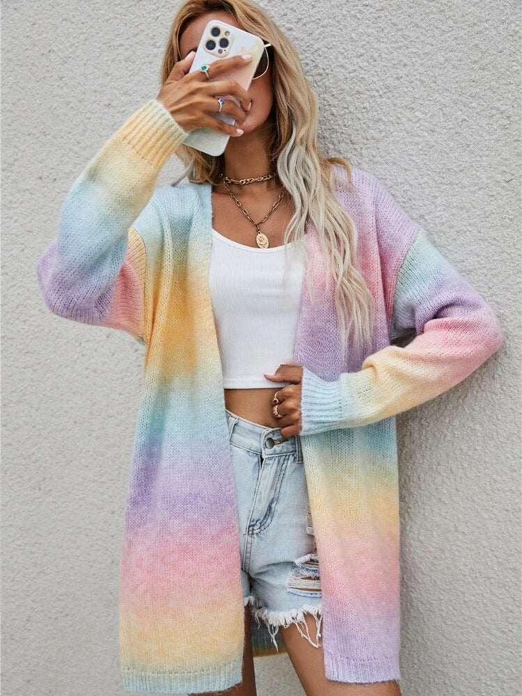 Dyed long loose knit coat with pockets