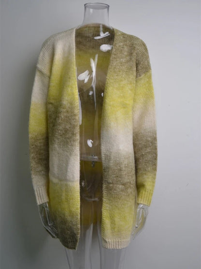 Dyed long loose knit coat with pockets