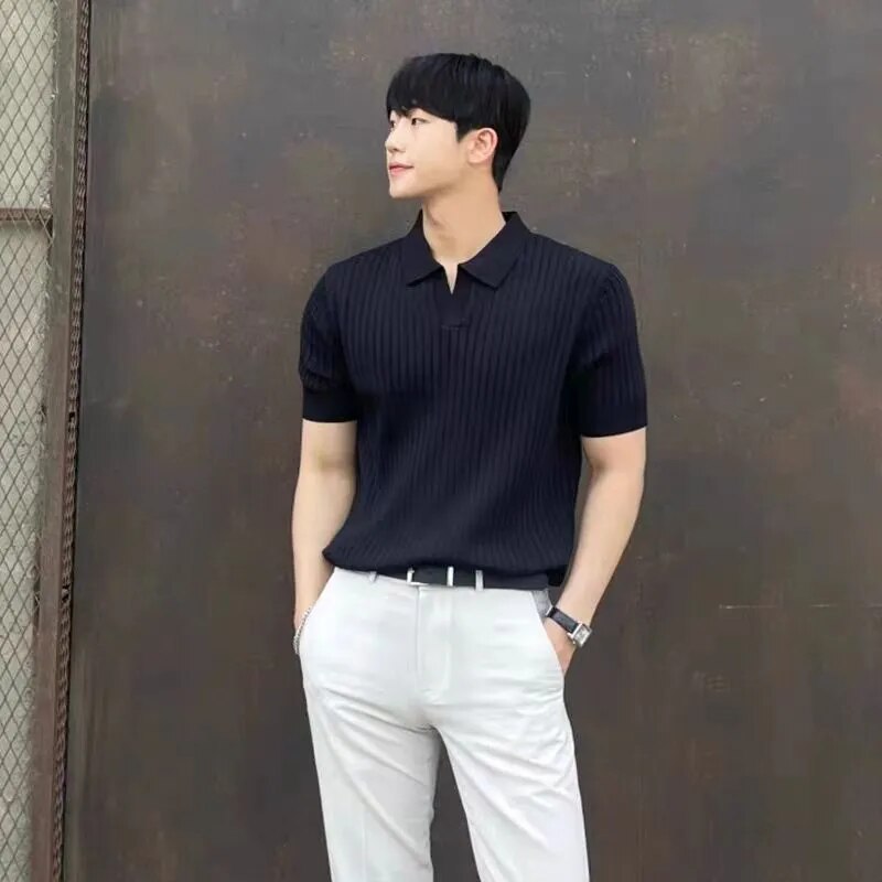 Herren Strick-Poloshirts mit kurzen Ärmeln