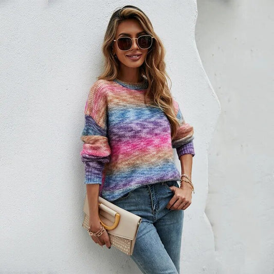 Women's Rainbow Sweater Colorful Knitted Sweater
