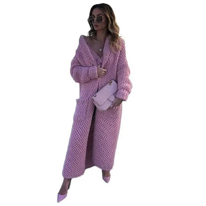 Winter lapel knitted cardigan long coats for women 