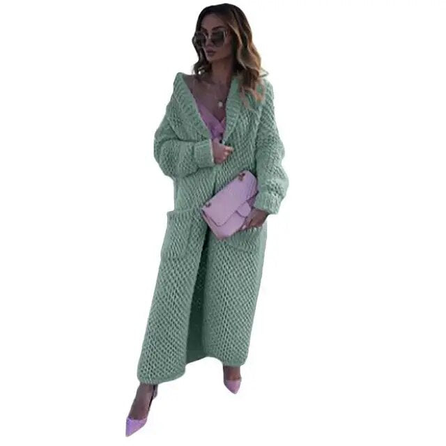 Winter lapel knitted cardigan long coats for women 