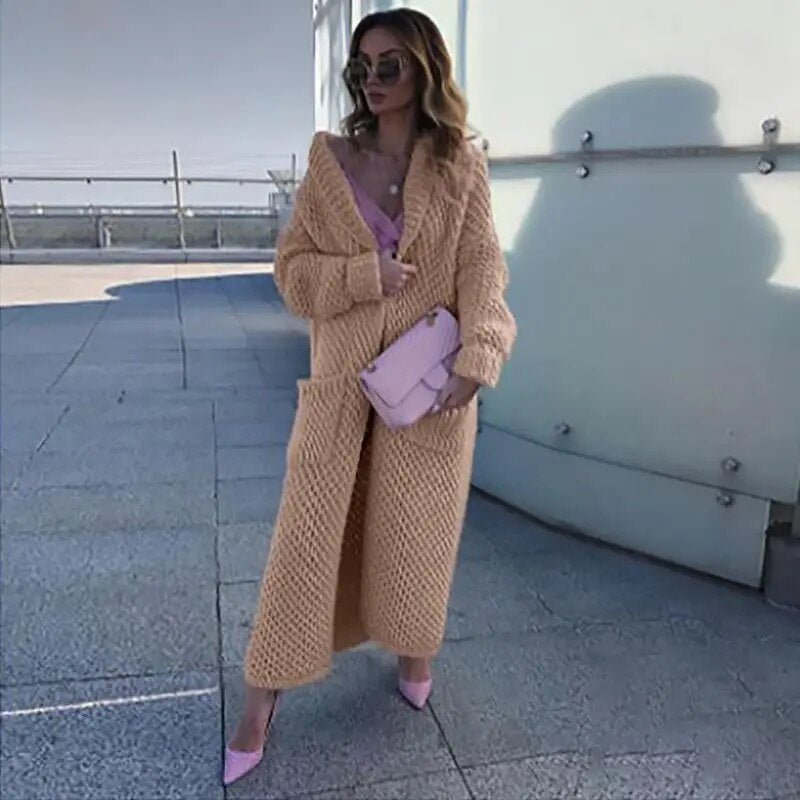 Winter lapel knitted cardigan long coats for women 