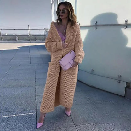 Winter lapel knitted cardigan long coats for women 