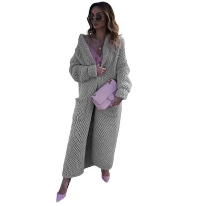 Winter lapel knitted cardigan long coats for women 