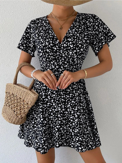 Floral print wrap dress with ruffle hem