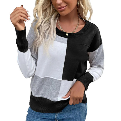 Casual checked long-sleeved sweater with round neck