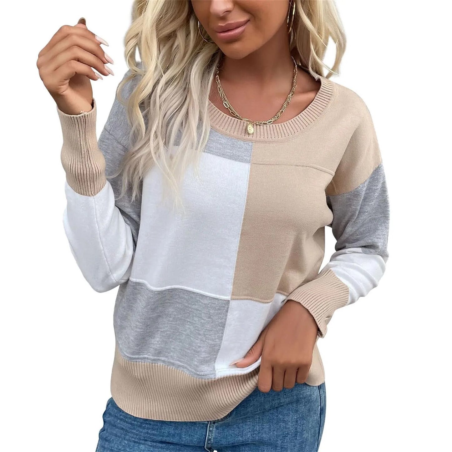 Casual checked long-sleeved sweater with round neck