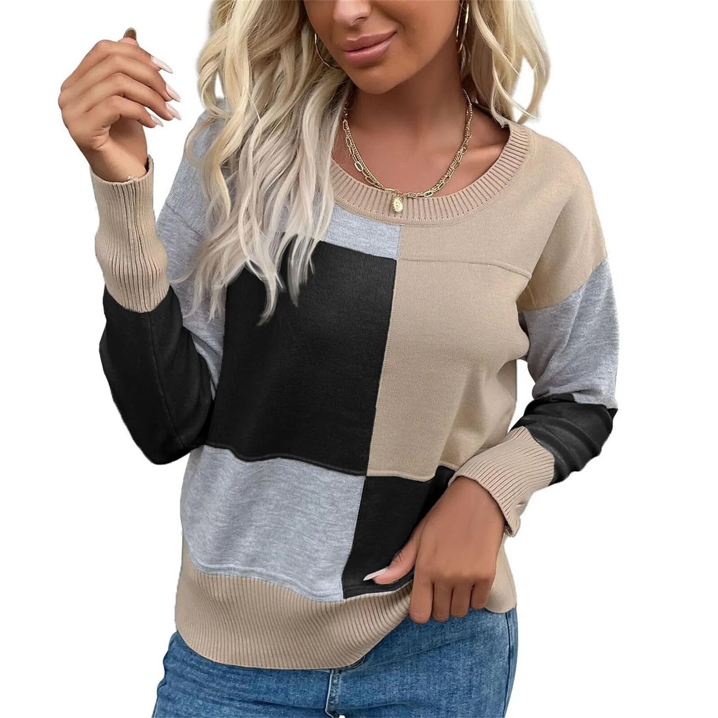 Casual checked long-sleeved sweater with round neck